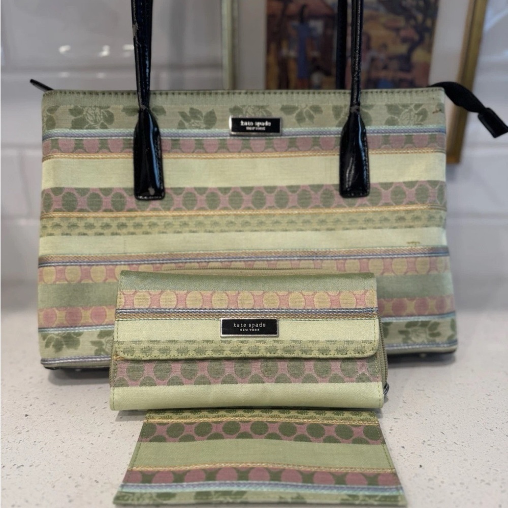 Kate Spade Green and Pink Striped Women's Bag Set